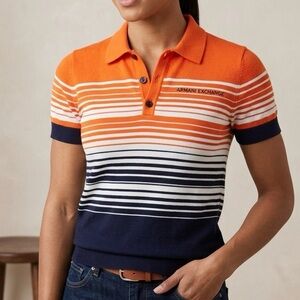 Armani Exchange Women's XS Orange & Navy Striped Collar Knit Polo Shirt